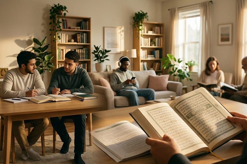 A bright living room where people read the Qur'an in their own way: two friends studying at a table, a man listening with headphones, a woman and an older man reading, an open mushaf in the foreground.