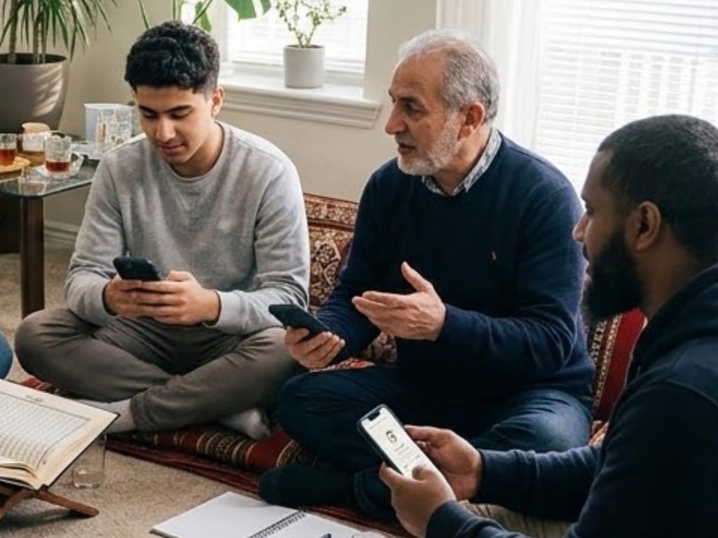 Three men of different ages sit together over the Qur'an, following on their phones while the eldest explains.