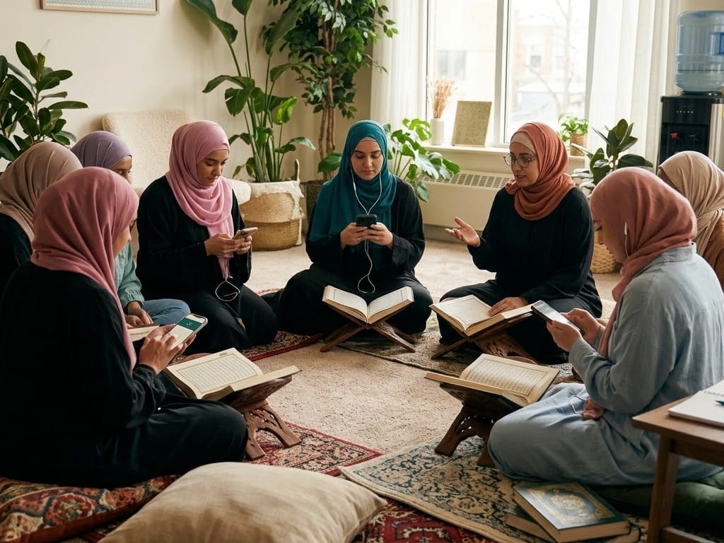 A circle of women sits on the floor with open Qur'ans, several following the recitation on their phones.
